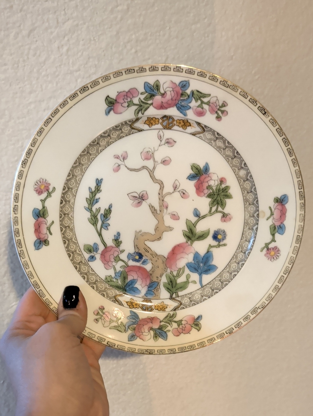 Floral Porcelain Dinner Plate in Pink, Blue and Gold